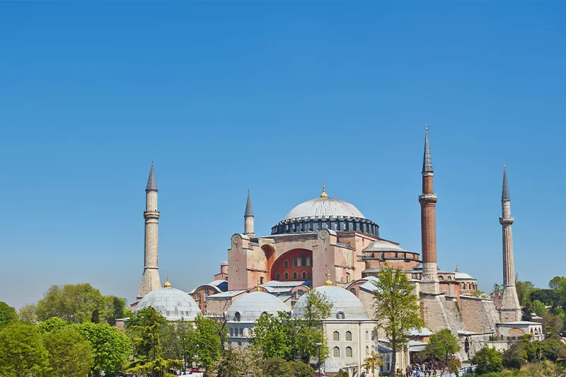 A land scape of Hagia sophia mosque in Istanbul on a sunny day andunder blue sky.