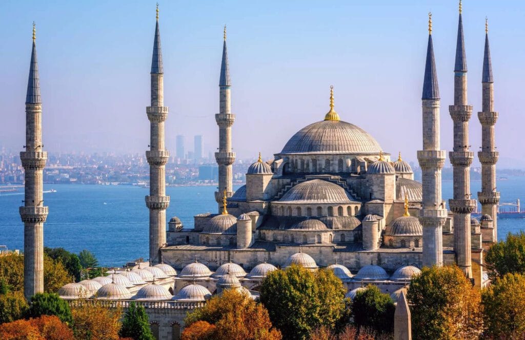 Blue Mosque dome and minaret with Bosphorus Strait in the background, Istanbul.