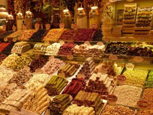 Colorful Turkish delights (lokum) on display in a local shop