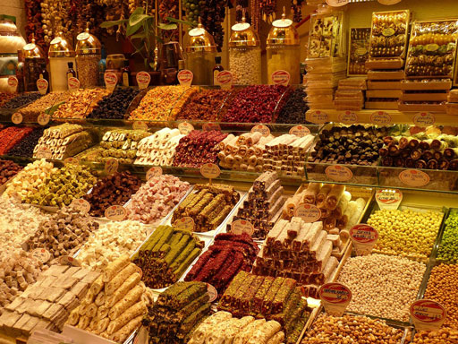 Colorful Turkish delights (lokum) on display in a local shop