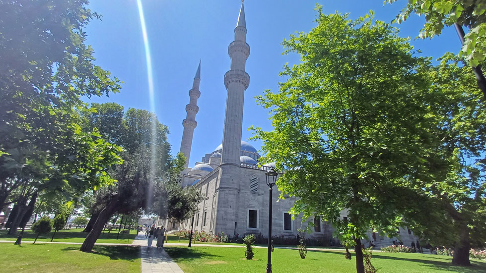 Inner courtyard of Suleymaniye Mosque with arches and domes