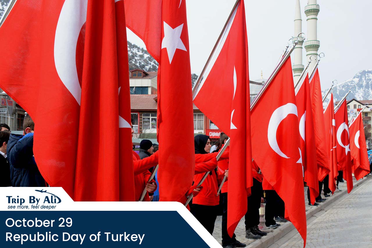 People holding Turkish flags during Republic Day celebrations in Turkey