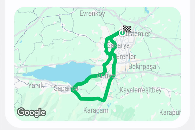 Map of the Adapazarı–Akçay cycling route with elevation and landmarks