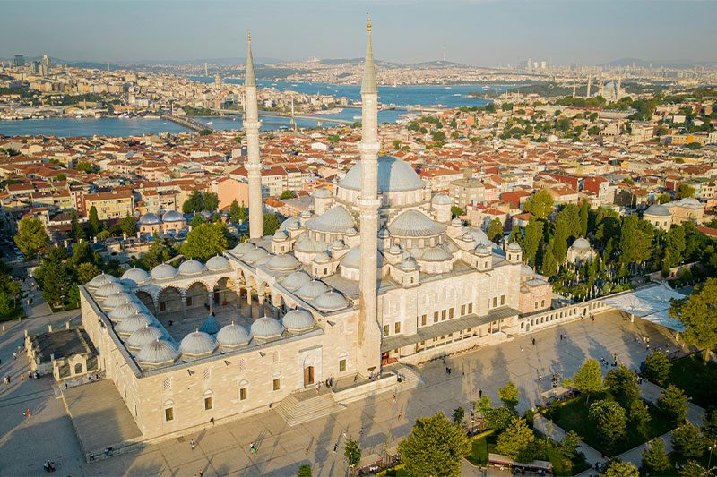 Fatih Mosque dome and courtyard in Istanbul