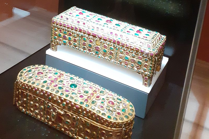 Intricate jeweled box displayed inside Topkapi Museum